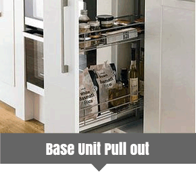 Base pull outs are mini larder units that can convert unused storage in base cabinets  into accessible and useable storage. Supplied and installed by Kitchen Makeover, Laois, Ireland
