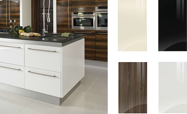 Gloss kitchen doors, in white, black, cream & walnut with durable hardwearing finish from Kitchen Makeover, Ireland Gloss kitchen doors, in white, black, cream & walnut with durable hardwearing finish from Kitchen Makeover, Ireland